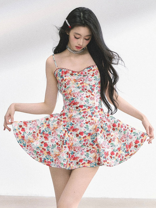 Allover Floral Print Sweetheart Neckline Red Holiday Mini Slip Dress