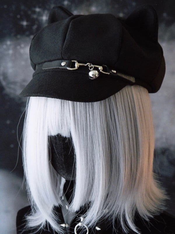 Black Gothic Bell Charm Buckle Design Cat Ear Beret Hat