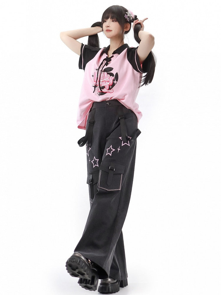 Stars Print Dark Gray Jeans with Straps