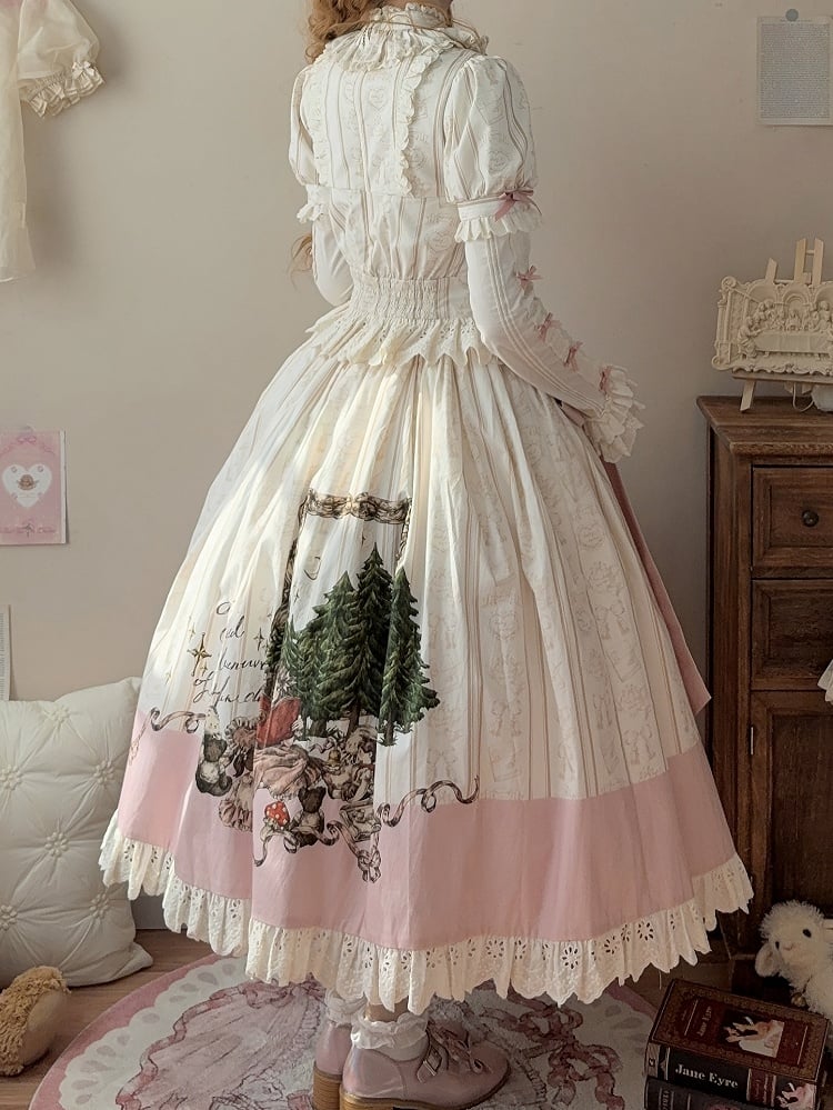 Plus Sizes Available Creamy Short Sleeves Blouse + Little Grils and Toys Print Skirt Set