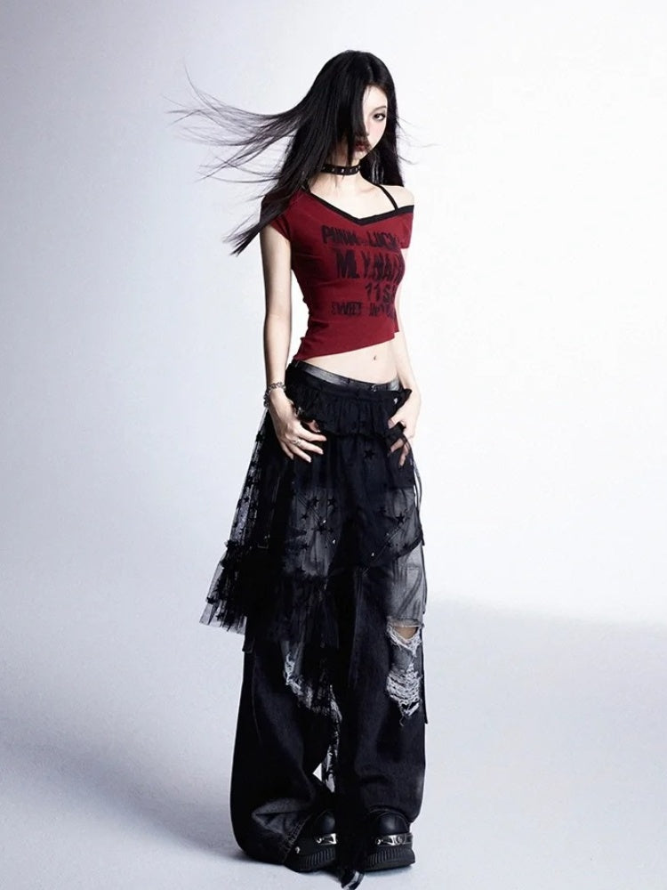 Y2K Red Halter Neck Asymmetrical Neckline and Hem Rock Punk Graphic Cropped T-shirt