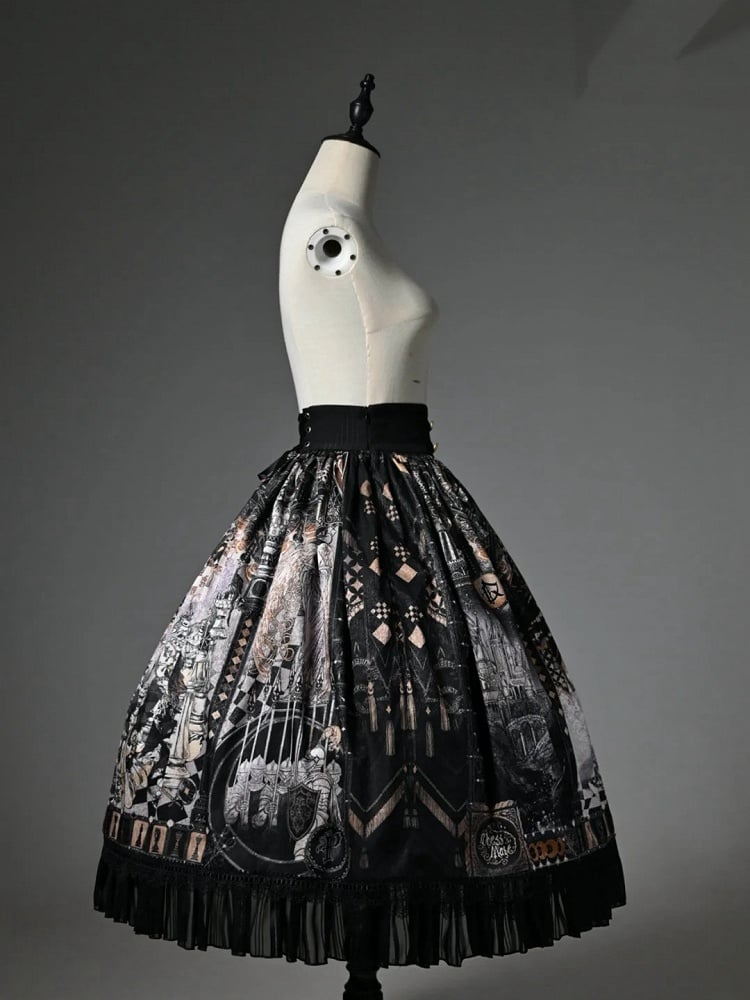 Black Corset Belt Waist Chess Theme Print Lolita Skirt