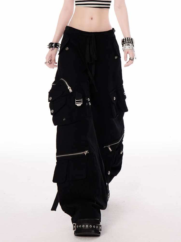 Black Low Waist Cargo Pockets Zipper Details Wide-leg Pants
