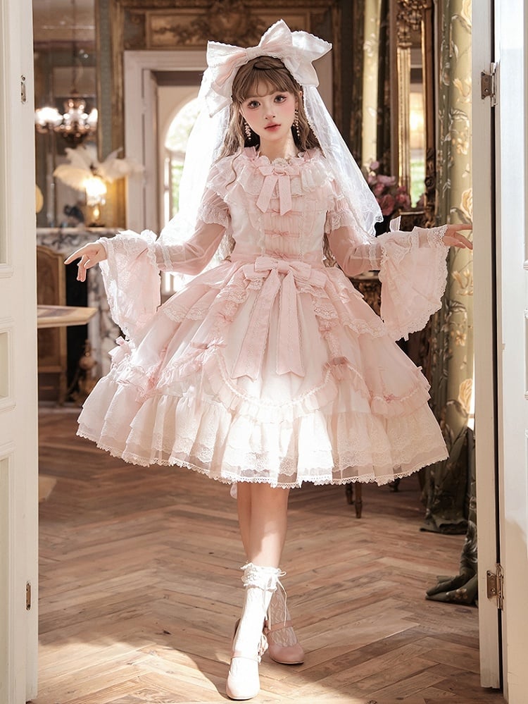 Pink Scalloped Edge Trim Overlay Skirt Princess Lolita Dress with Detachable Sleeves