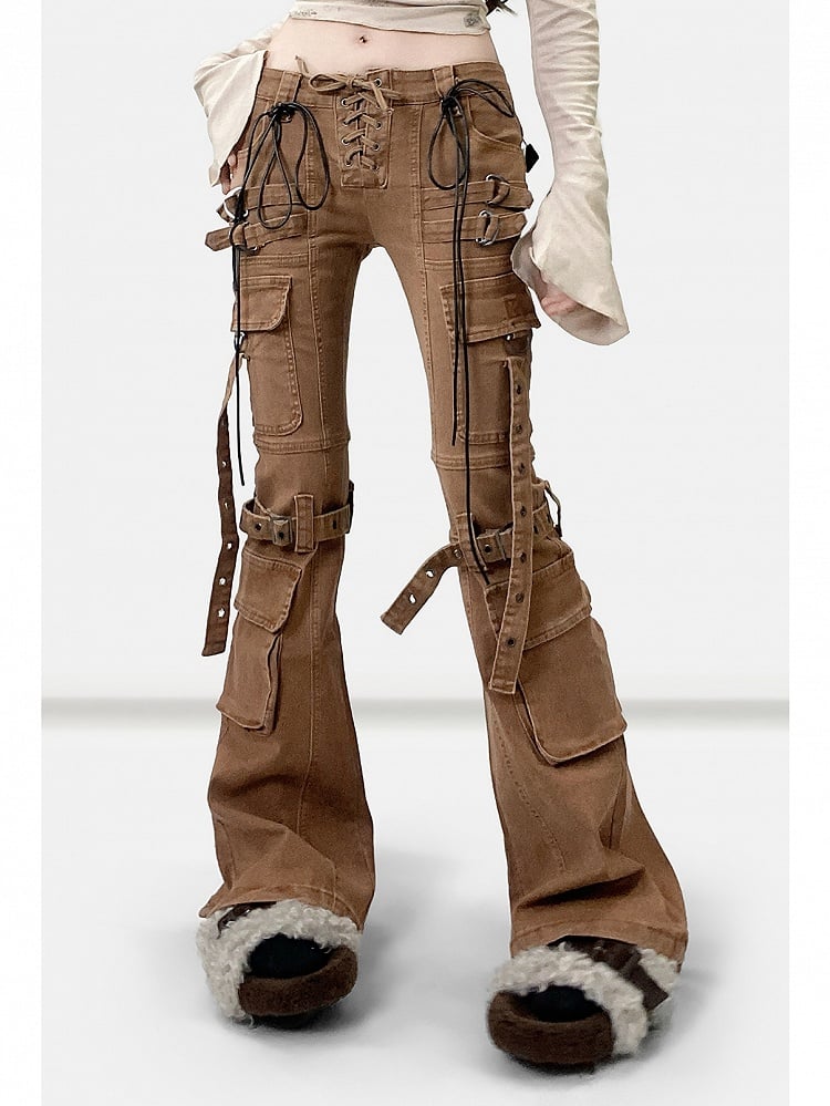 Coffee Brown Wasteland Punk Lace-up Detail Flare Silhouette Jeans