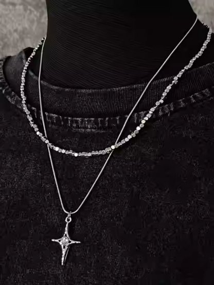 Silver Cross Pendant Double Layered Necklace