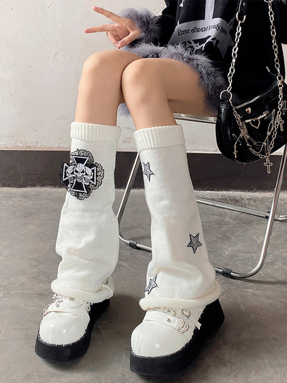 Cross Skulls Sequin Stars Details Leg Warmers Black/Red/White