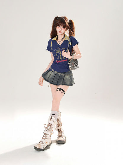 Plaid Polo Collar Number Print Black/Navy Blue Slim-fitting T-shirt