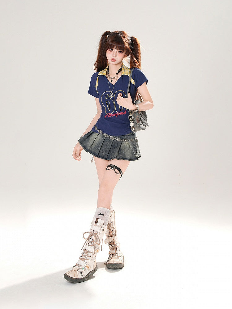 Plaid Polo Collar Number Print Black/Navy Blue Slim-fitting T-shirt