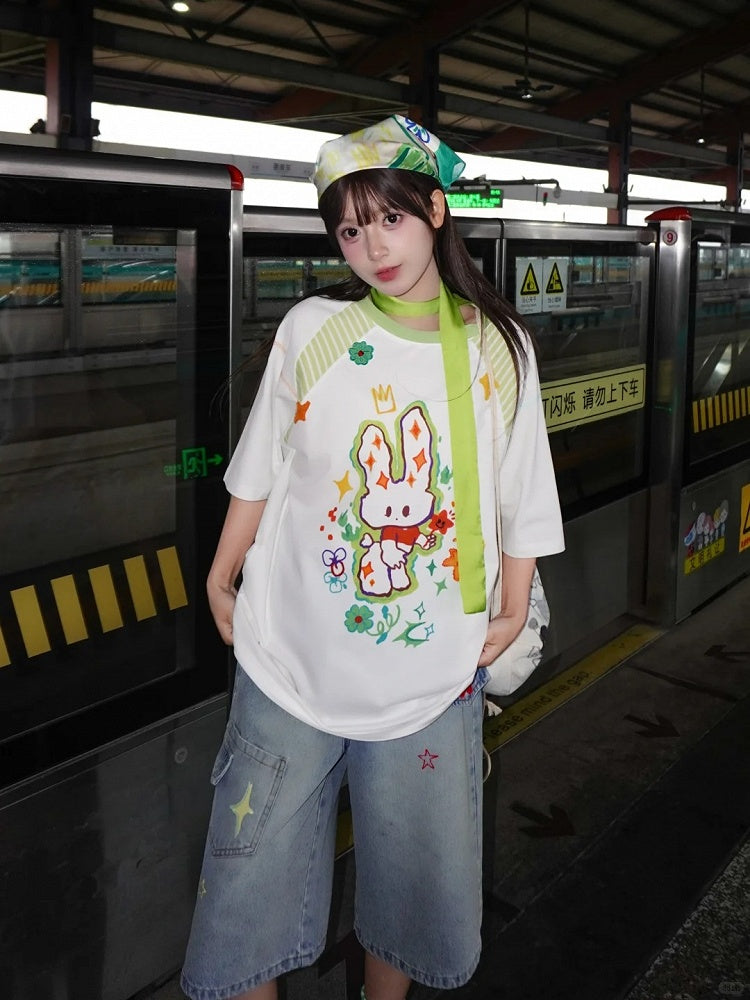 Cartoon Bunny Print White Round Neck Loose T-shirt