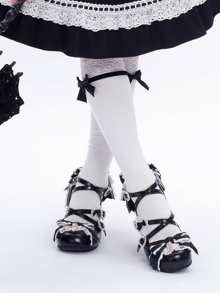 Black Sweet Lolita Bowknot Details Crisscross Design Heart Buckle Straps 2CM/5CM Block Heels Shoes