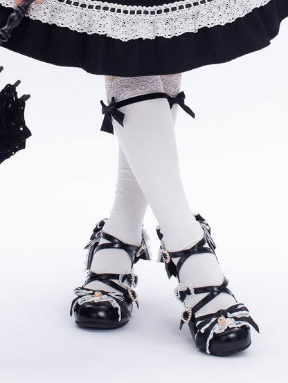 Black Sweet Lolita Bowknot Details Crisscross Design Heart Buckle Straps 2CM/5CM Block Heels Shoes