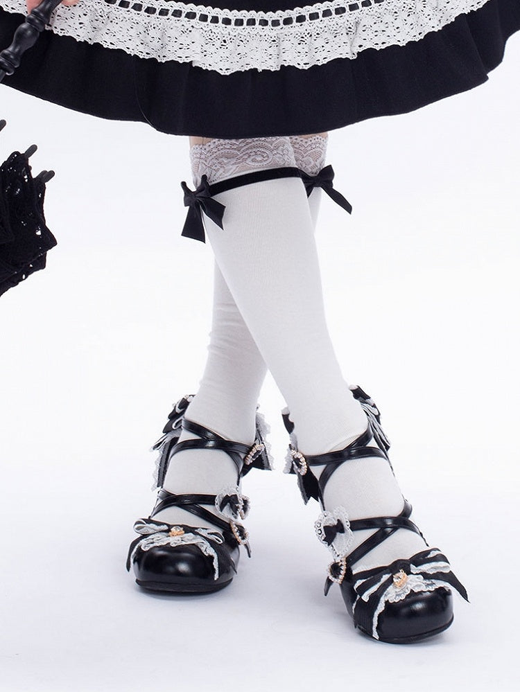 Black Sweet Lolita Bowknot Details Crisscross Design Heart Buckle Straps 2CM/5CM Block Heels Shoes