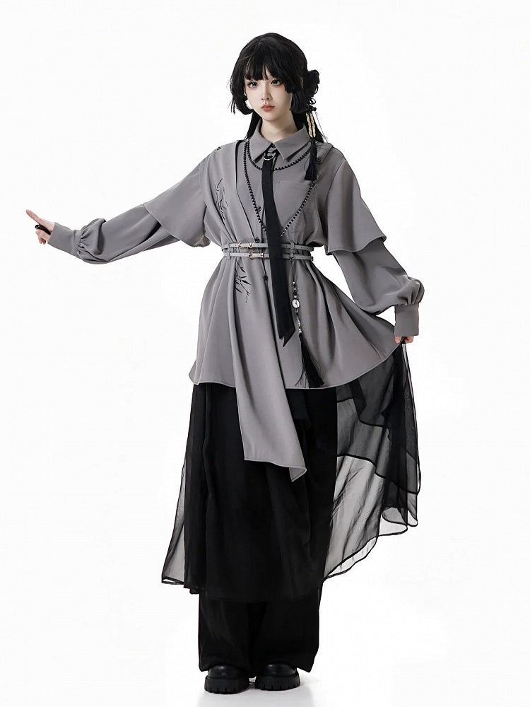 Gray Cheongsam Style Shirt with Detachable Bamboo Embroidered Shoulder Cape and Buckle Belt