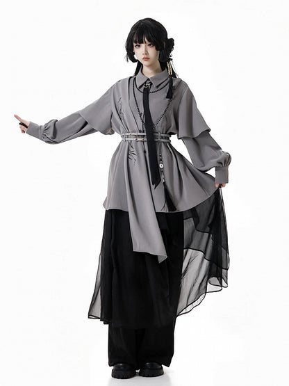 Gray Cheongsam Style Shirt with Detachable Bamboo Embroidered Shoulder Cape and Buckle Belt