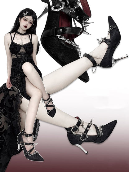 Spike Studs Coffin-shaped Buckles Black Lace Gothic Punk Stiletto Heels with Chains