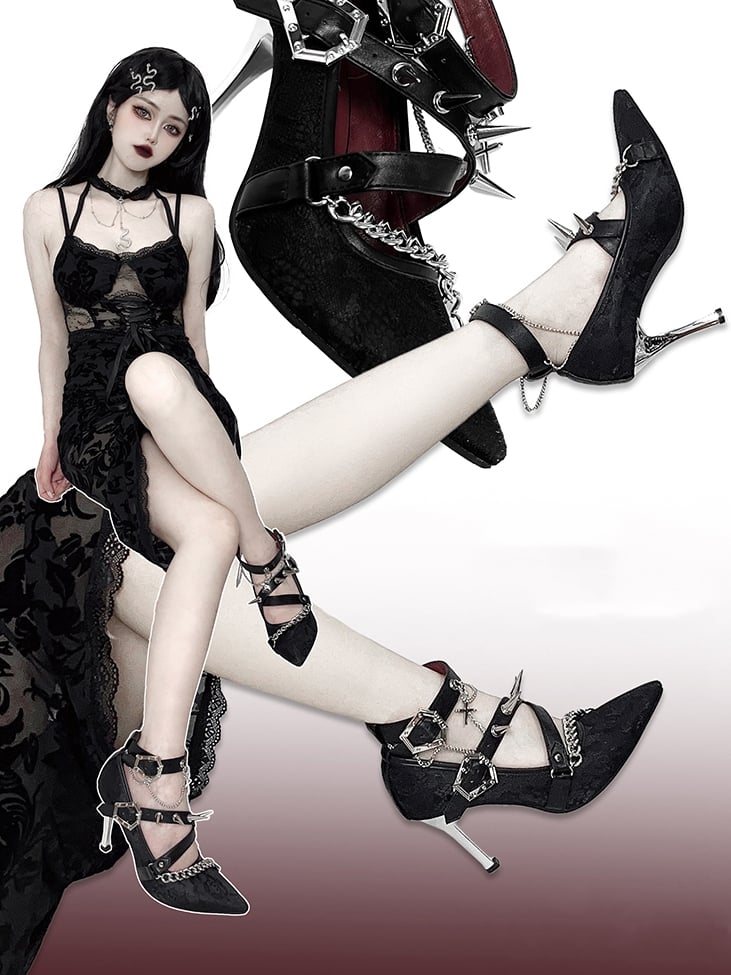 Spike Studs Coffin-shaped Buckles Black Lace Gothic Punk Stiletto Heels with Chains
