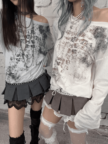 Blue/Beige Wasteland Punk Letter Print Asymmetrical Neckline Long Sleeves Top