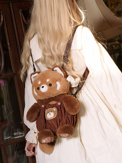 Brown Cute Plush Red Panda Backpack + Overall Pants Middle/Large Size