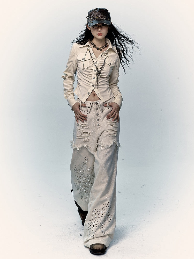 Apricot Wide-Leg Distressed Jeans with Rhinestone Details