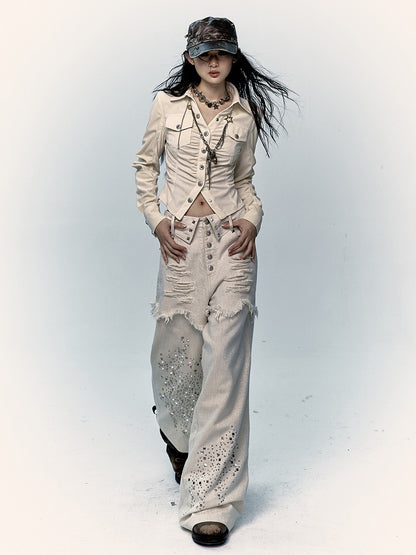 Apricot Wide-Leg Distressed Jeans with Rhinestone Details