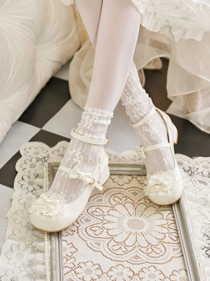 Milky White Bow at Top Lace Trim Heart Buckles Round Toe Lolita Shoes