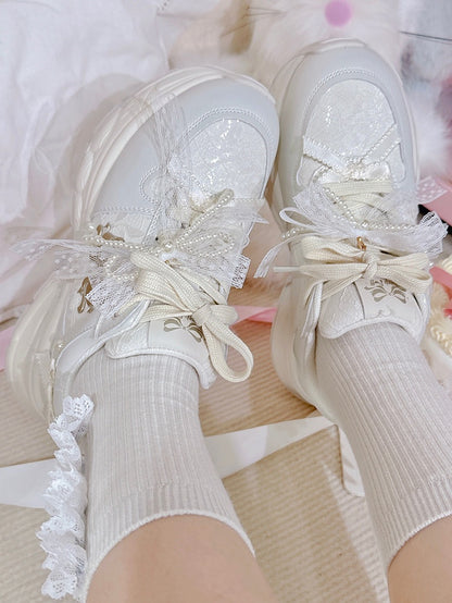 White Beaded Decorated Bowknot Details Front Lace-up Ties Sneakers