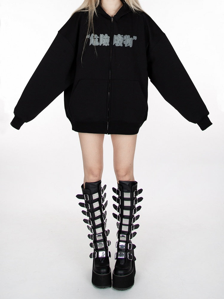 Black Zip Closure Graphic Hoodie