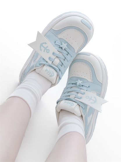 Light Blue Tenshi Kaiwai Anchor And Fish Bone Decorated Front Lace-up Ties Platform Sneakers