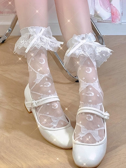 Black/White Moon and Bowknots Pattern Lace Cuffs Sweet Lolita Socks