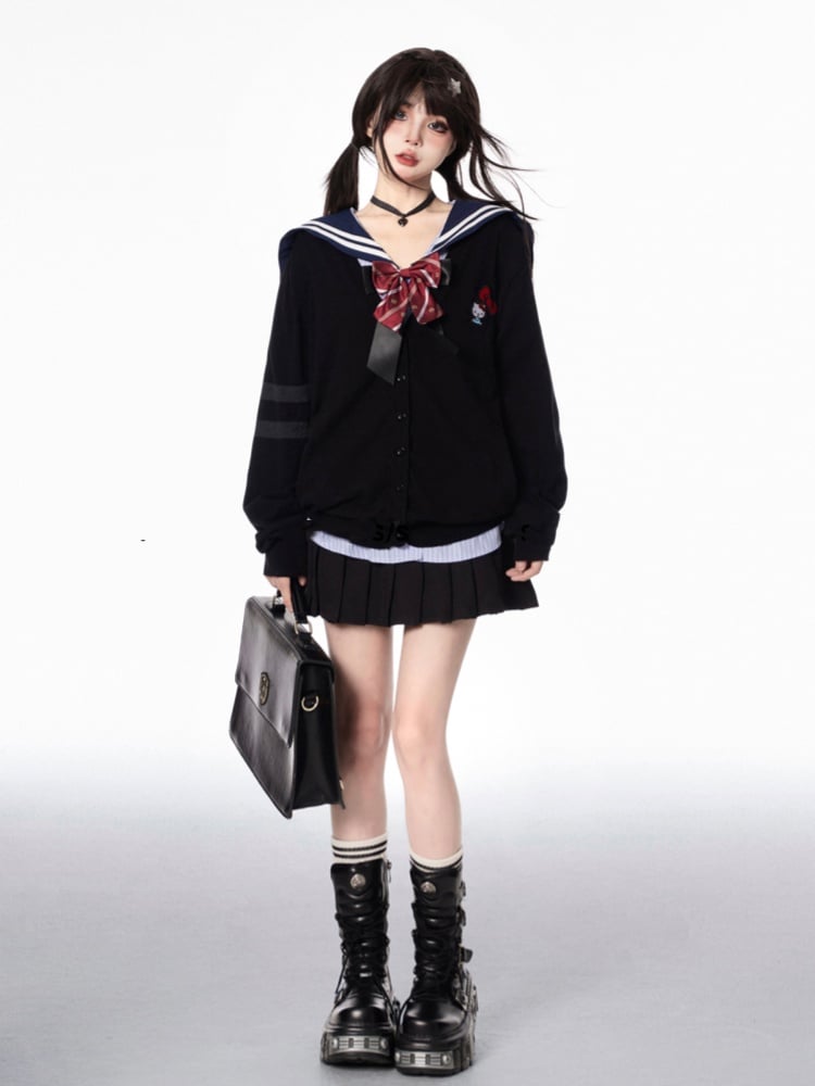 JK Uniform Preppy Style Black/Gray V-neck Knit Cardigan for Autumn
