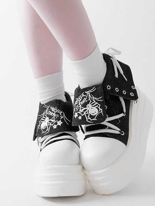 Black & White Punk Spider Print Platform Sneakers