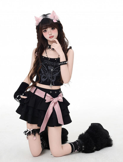 Black Bittersweet Mini Tiered Skirt with Detachable Bow