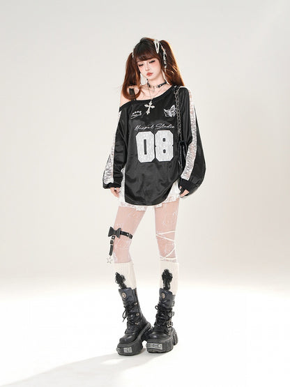 Asymmetrical Neckline Butterfly Embroidery Lace Patches Black/Silver Top