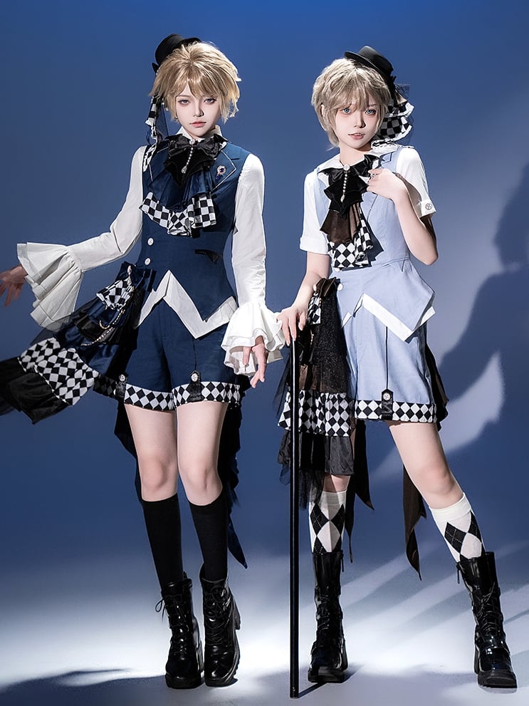 Ouji Lolita Dark Blue/Brown/Purple Checked Pattern Layered Bow Train Chains Decoration