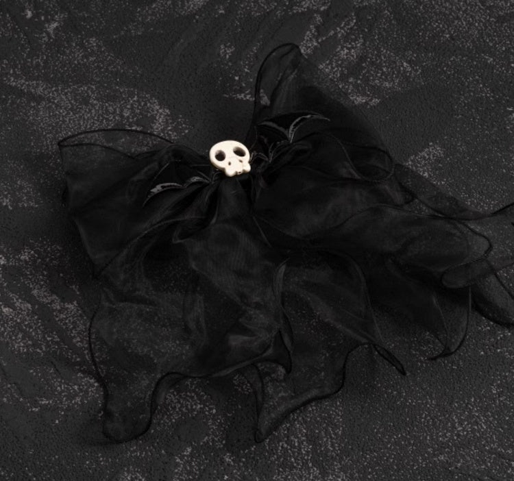 Gothic Skull Wings Black Organza Big Bow Hairclip