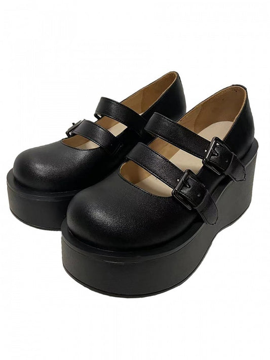 Black Buckle Straps Round Toe Platform Mary Janes