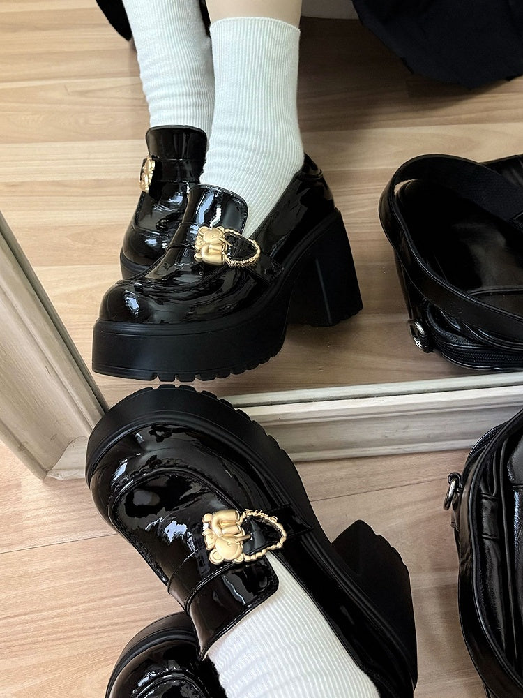 Polished Black Hugging Bear Heart Buckles Platform High Block Heels Slipons