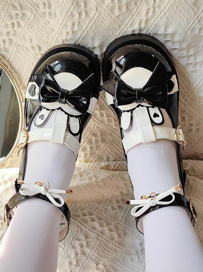 Polished Black Sweet Lolita Heart Details Bunny Ear Bow at Top T-strap Platforms