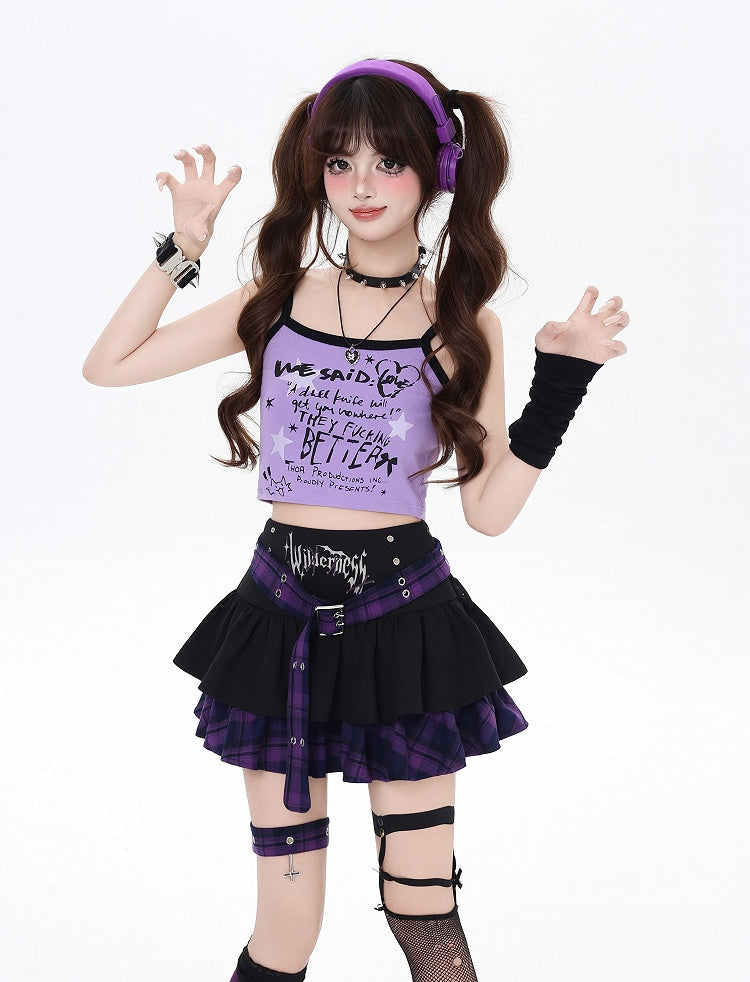 Y2K Black and Purple Plaid Buckle Belt Design Lined Tiered Skirt with Cross Garter