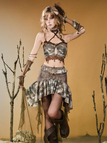 Brown Wasteland Punk Snakeskin Pattern Lace Trim Halter Neck Top