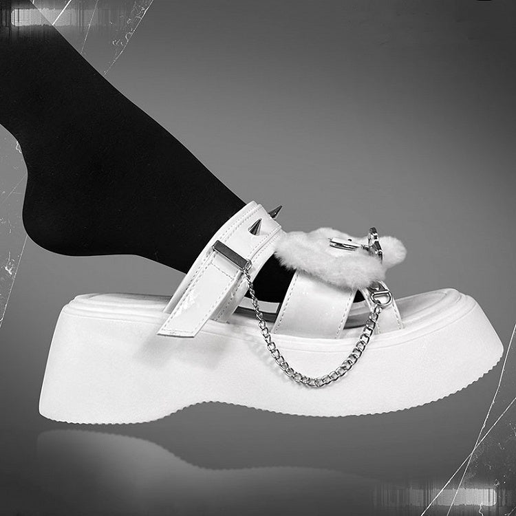 Bone Design Studs Decorated White Punk Platform Slippers