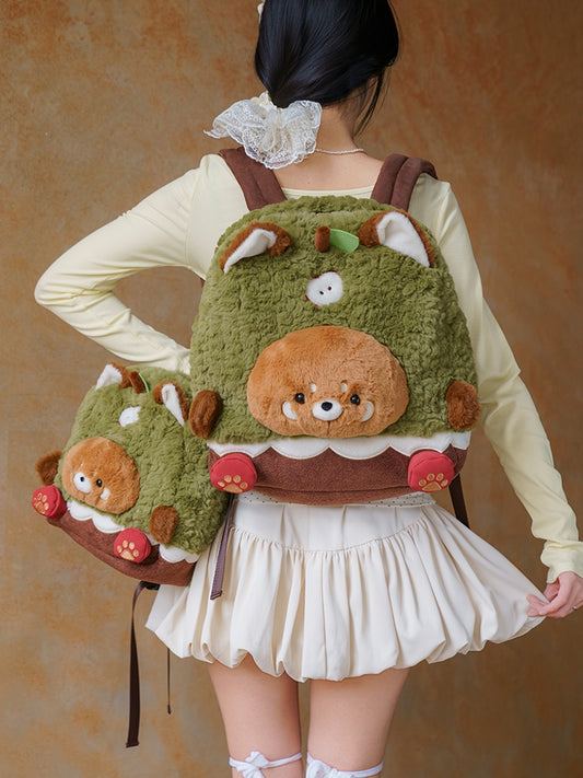 Brown&Green Apple Design Cute Plush Red Panda Backpack Middle/Large Size