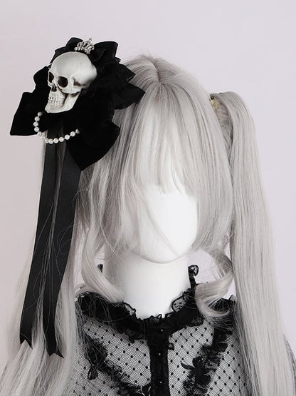 Rhinestoned Crown Black Gothic Halloween Skeleton Bowknots Hairclips