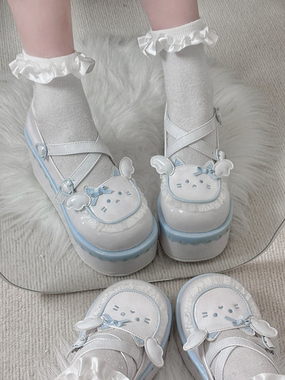 Yume Kawaii Blue & White Round Toe Kitty Angel Heart Buckle Platform Lolita Shoes