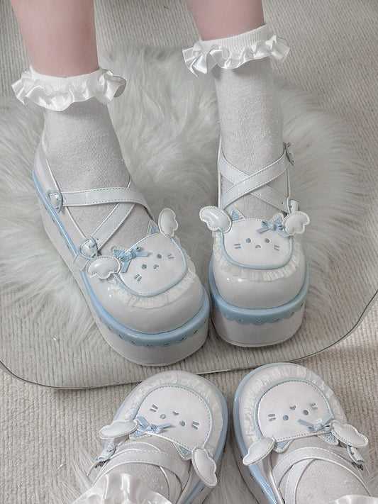 Yume Kawaii Blue & White Round Toe Kitty Angel Heart Buckle Platform Lolita Shoes