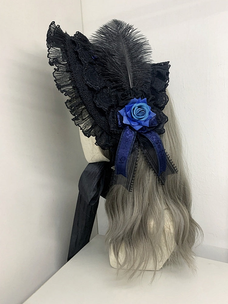 Gothic Cross Chains Black and Blue Floral Design Elegant Bonnet