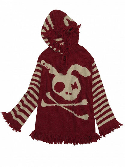 Wine Red Skull Bunny Punk Loose Hooded Sweater with Striped Sleeves