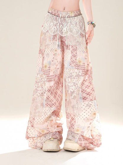 Pink Patchwork Design Elastic Waist Wide-leg Casual Pants with Lace Waist Accessory