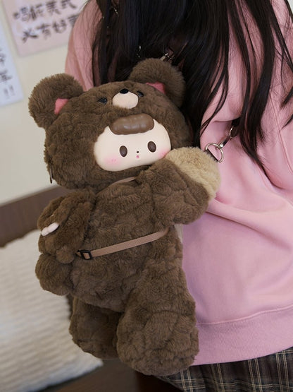 Brown Plush Bear Backpack/Crossbody Bag + Keychain